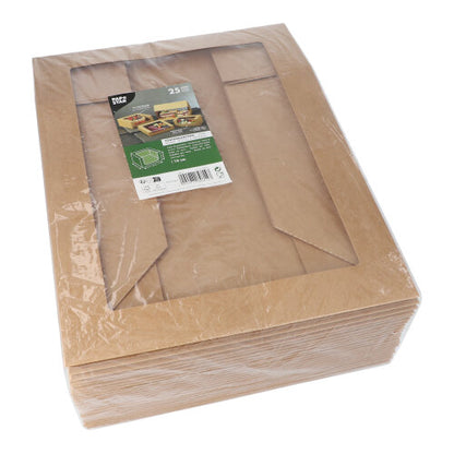 A stack of PAPSTAR 25 cake boxes with lids, rectangular with PLA window from PAPSTAR GmbH, environmentally friendly and packaged in foil. On top is a green-white product label with images and text.