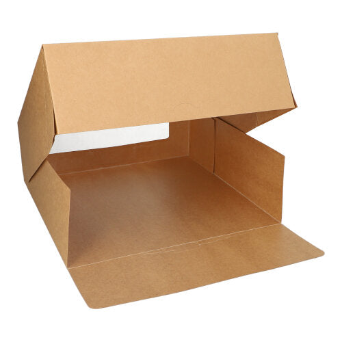 A PAPSTAR 25 cake boxes with lids rectangular with PLA window from PAPSTAR GmbH is shown with open flaps and reveals its empty interior against a white background.