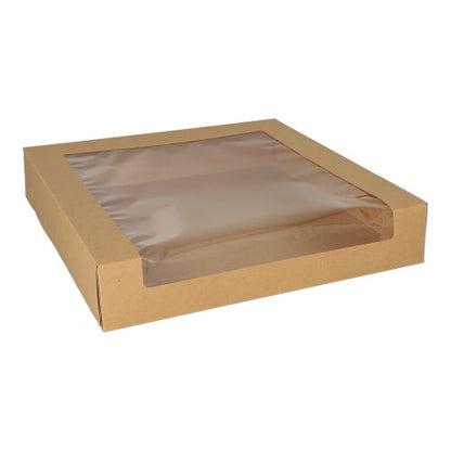 The PAPSTAR 25 cake boxes with lids rectangular from PAPSTAR GmbH made of cardboard have an environmentally friendly PLA window on the top and are photographed against a white background.