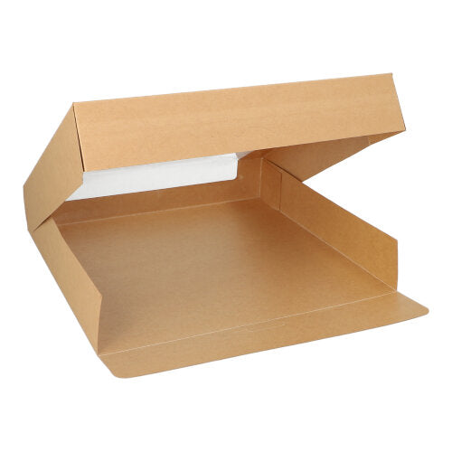 A PAPSTAR 25 cake boxes with lids, rectangular with PLA window from PAPSTAR GmbH is shown open and empty, the lid is lifted, the sides unfolded, against a white background.