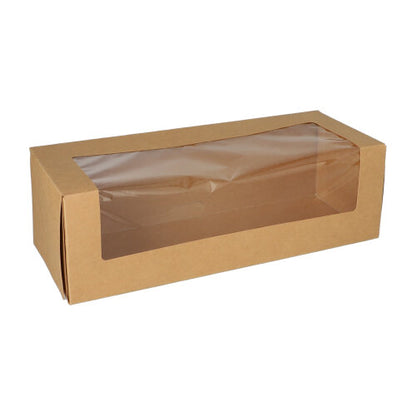The PAPSTAR 25 cake boxes with lids rectangular from PAPSTAR GmbH is a brown, rectangular box with an environmentally friendly PLA window on the top, through which the contents remain visible. The box stands empty against a white background.
