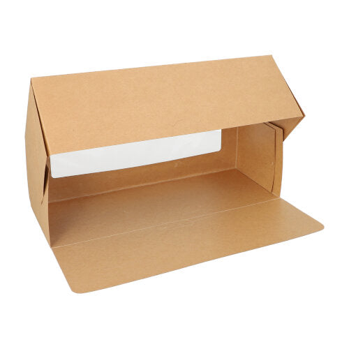 The PAPSTAR 25 cake boxes with lids rectangular with PLA window from PAPSTAR GmbH is a simple brown cake box made of cardboard with an attached flap and rectangular window, shown empty against a white background.