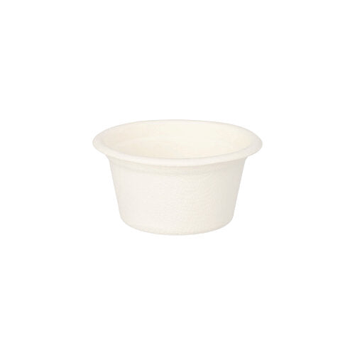 A small, simple, white PAPSTAR dressing bowl made of sugarcane (6 cm, 50 pieces) from PAPSTAR GmbH - an environmentally friendly disposable cup - is depicted against a white background.