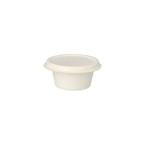 The PAPSTAR 50 lids for sugarcane dressing bowls "pure" white from PAPSTAR GmbH is a small, white disposable lid made of biodegradable sugarcane material, shown on a simple white background.