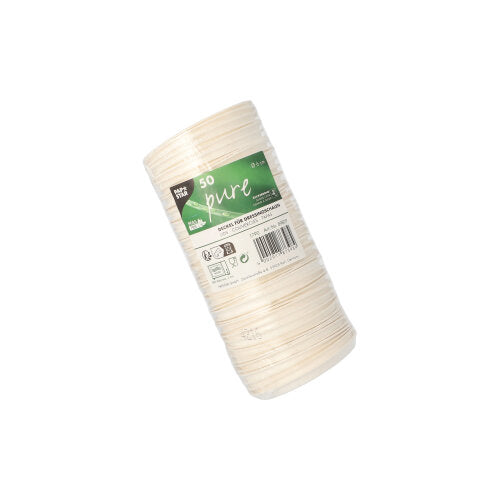 A pack of 50 white PAPSTAR "pure" lids for dressing bowls made from sustainable sugarcane. The lids are stacked and packaged in transparent foil with a green-white label. Brand: PAPSTAR GmbH.
