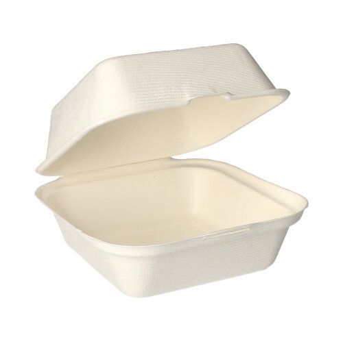 The PAPSTAR hamburger boxes made of sugarcane "pure" (8x14x15 cm, white) from PAPSTAR GmbH is a white, rectangular takeout container with a hinged lid made of compostable sugarcane, perfect for eco-friendly meals. Pack of 25 pieces.