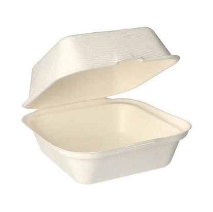 The PAPSTAR hamburger boxes made of sugarcane "pure" (8x14x15 cm, white) from PAPSTAR GmbH is a white, rectangular takeout container with a hinged lid made of compostable sugarcane, perfect for eco-friendly meals. Pack of 25 pieces.
