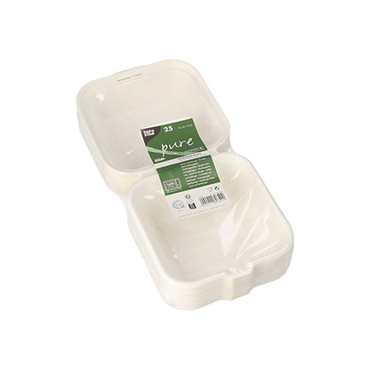 A pack of 25 white PAPSTAR hamburger boxes made of sugarcane (8x14x15 cm) is sealed in shrink wrap with eco-friendly packaging. The front shows a green label with product information and icons.