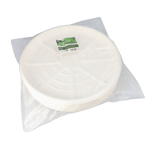 In a transparent plastic bag, there is a stack of PAPSTAR 25 serving platters, sugarcane “pure” round from the PAPSTAR GmbH with a green-white label on the top; the plates are biodegradable and environmentally friendly.