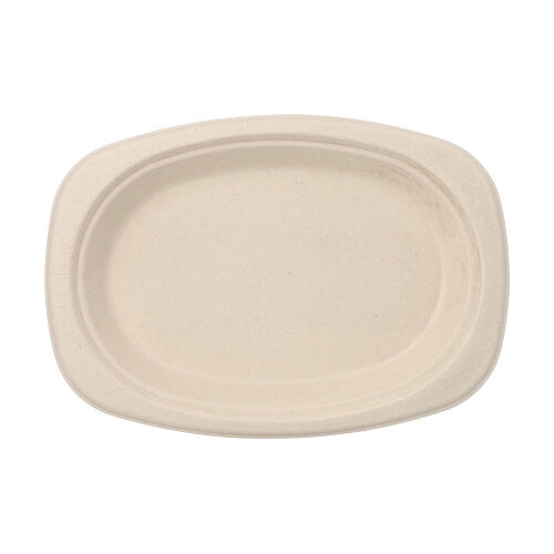 The PAPSTAR GmbH 50 plates, sugarcane "pure" is a simple, rectangular beige plate with rounded edges and a raised rim – an eco-friendly disposable tableware option for sustainable serving.