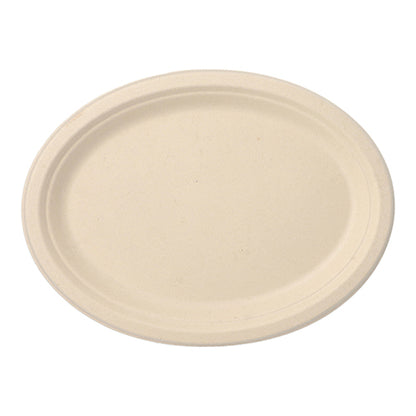 A beige, oval disposable plate from PAPSTAR 50 plates, sugarcane "pure" of PAPSTAR GmbH, made from environmentally friendly sugarcane and with a slightly raised rim, seen from above on a white background.