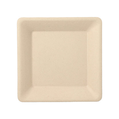The durable square disposable plate PAPSTAR 50 plates, sugarcane "pure" from PAPSTAR GmbH in beige with a slightly raised edge is photographed from above against a white background.