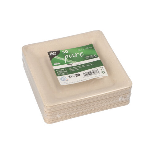 A stack of the PAPSTAR 50 plates, sugarcane "pure" from PAPSTAR GmbH shows a green-white label on top with product details and recycling symbols - they are compostable and sustainable.