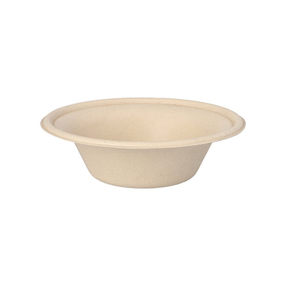 The natural, round PAPSTAR bowl made of sugarcane "pure" (Ø 15.5 cm, 380 ml) from PAPSTAR GmbH is shown in side view on a white background. The biodegradable disposable bowl is delivered in a pack of 50.