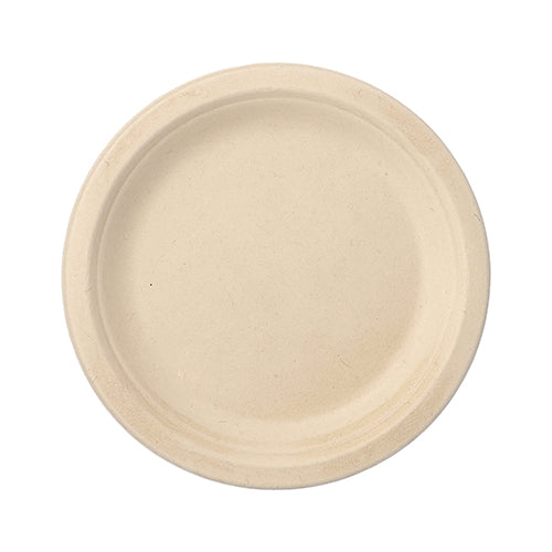 The 12 sugarcane plates "pure" undivided from PAPSTAR GmbH are round, beige plates with a smooth surface and flat edge. Against a white background, they are environmentally friendly – perfect for any eco-conscious gathering.