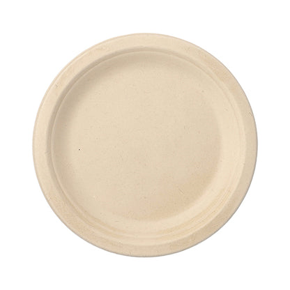 The 12 sugarcane plates "pure" undivided from PAPSTAR GmbH are round, beige plates with a smooth surface and flat edge. Against a white background, they are environmentally friendly – perfect for any eco-conscious gathering.