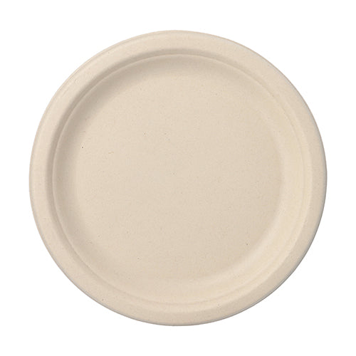 The PAPSTAR 12 plate, sugarcane "pure" undivided from PAPSTAR GmbH is a round, beige disposable plate with a slightly raised edge – environmentally friendly, compostable and ideal for sustainable parties and celebrations.