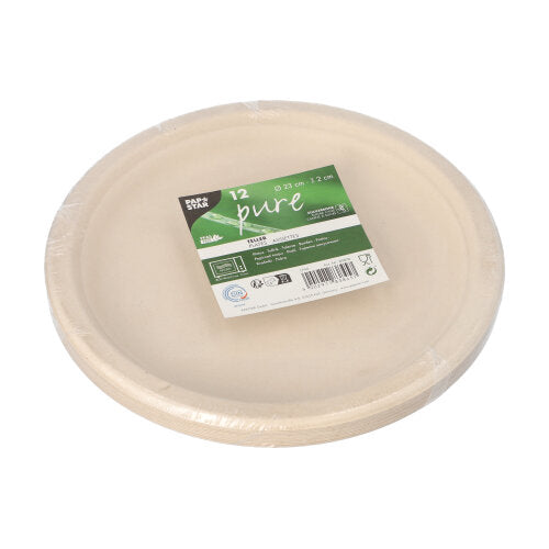 A pack of twelve PAPSTAR 12 plates, sugarcane "pure" undivided from PAPSTAR GmbH, beige and biodegradable, packed in plastic with a green-white label with the brand, product information, eco-statements and recycling symbols.