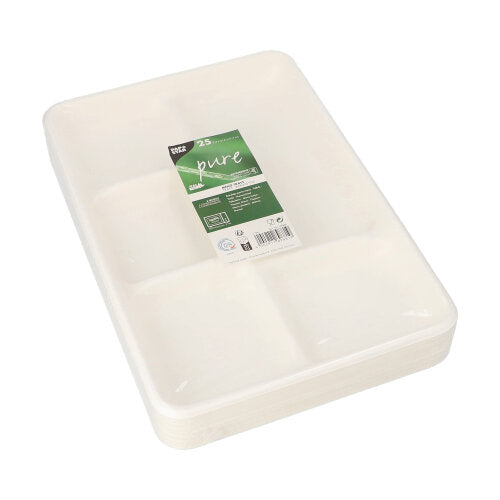 Ein Stapel weißer PAPSTAR 25 Menü-Trays, Zuckerrohr „pure“ 5-geteilt weiss von der PAPSTAR GmbH, verpackt in Klarsichtfolie mit grün-weißem Etikett – ideal für eine umweltfreundliche Verpackung.