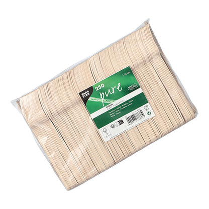 Eine klare Kunststoffverpackung enthält 250 PAPSTAR Gabeln Holz "pure" 16 cm - umweltfreundliche, stabile Holzgabeln. Das grün-weiße Etikett zeigt Marken- und Produktinfos, Barcodes und Zertifizierungssymbole der PAPSTAR GmbH.