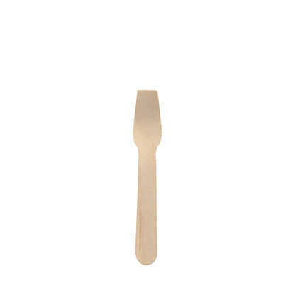 A PAPSTAR ice cream spoon wood "pure", 9.4 cm, environmentally friendly and stable ice cream stick from PAPSTAR GmbH with a wide head and round handle, depicted individually on a white background.