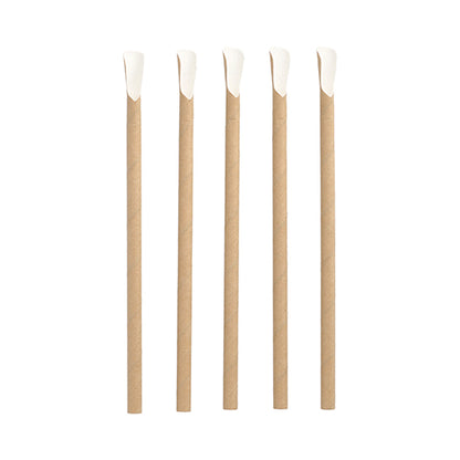 Five brown PAPSTAR 100 straws with spoons, paper straws with white angled tips are lined up straight on a white background.