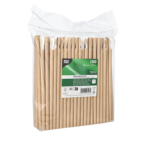 A clear plastic pack contains 100 paper straws with spoons (Ø 8 mm, 20 cm) from PAPSTAR GmbH, equipped with a green-white front label with product information and symbols.