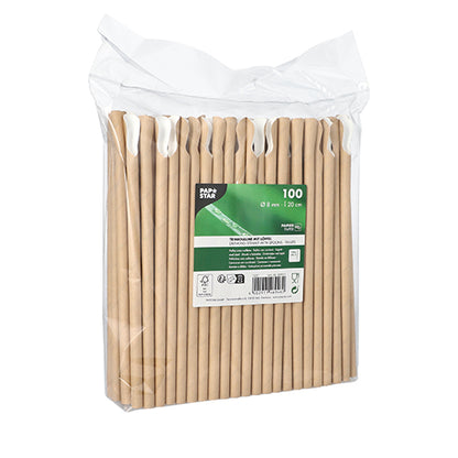 A clear plastic pack contains 100 paper straws with spoons (Ø 8 mm, 20 cm) from PAPSTAR GmbH, equipped with a green-white front label with product information and symbols.