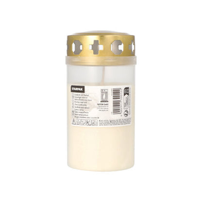 Das Starpak Grablicht mit Golddeckel Ø 6,4 cm · 12,5 cm mit Hülle ist eine weiße Grabkerze in einem durchscheinenden Behälter mit kreuzförmigen Aussparungen im goldenen Deckel, beschriftet mit Produktinformationen – ideal für den Einsatz auf dem Friedhof.