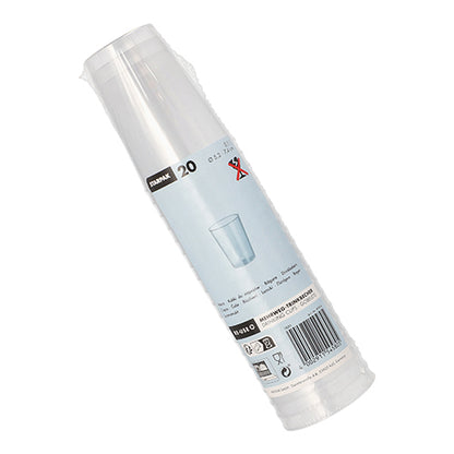 A plastic-wrapped package of 20 Starpak reusable drinking cups, PP, 0.1 l, Ø5.2 cm × 7.4 cm, translucent and unbreakable, with a label featuring product details, cup illustration, barcodes, and recycling symbols.