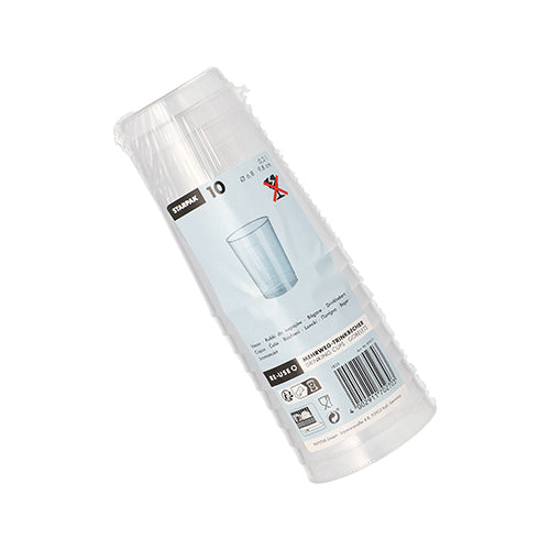 10 transparent, unbreakable reusable drinking cups made of PP by Starpak, in clear packaging with a label, barcode, and cup image.
