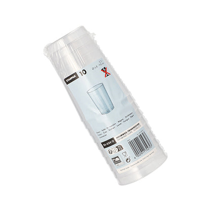 10 transparent, unbreakable reusable drinking cups made of PP by Starpak, in clear packaging with a label, barcode, and cup image.