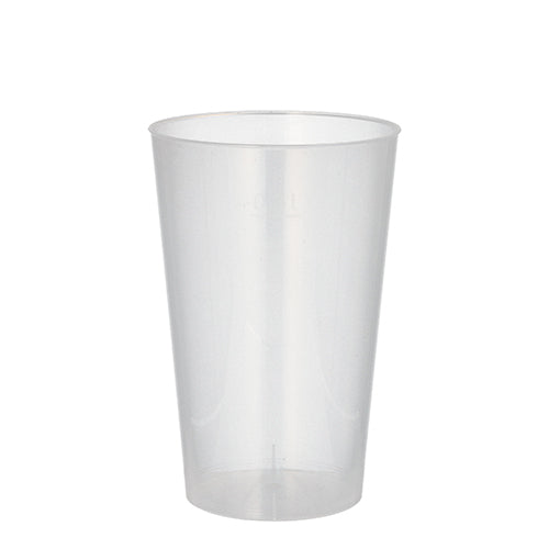 A clear, translucent Starpak 10 reusable drinking cup made of PP stands upright on a white background. The unbreakable, cylindrical cup tapers slightly towards the bottom and has smooth, transparent sides.