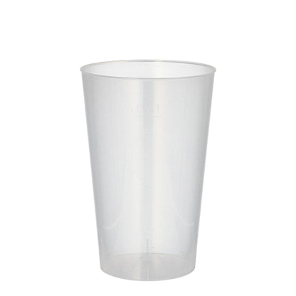 A clear, translucent Starpak 10 reusable drinking cup made of PP stands upright on a white background. The unbreakable, cylindrical cup tapers slightly towards the bottom and has smooth, transparent sides.