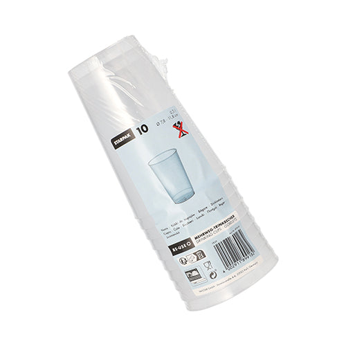 A pack of ten Starpak 10 reusable drinking cups PP translucent, unbreakable cups in plastic wrap with the Starpak brand, a cup image, product information, recycling symbols, and a barcode.