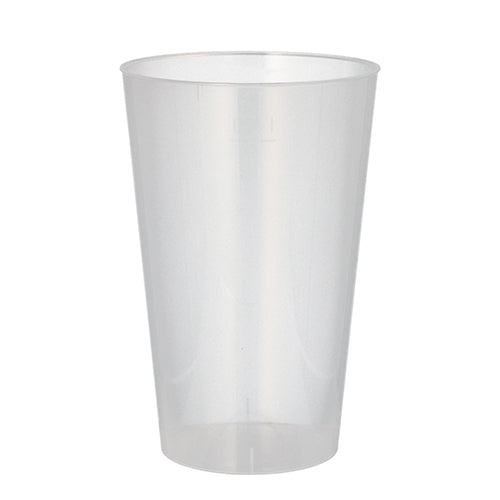 A Starpak 10 reusable drinking cup made of transparent, unbreakable PP stands upright, clear and empty, against a simple white background.