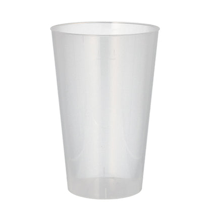 A Starpak 10 reusable drinking cup made of transparent, unbreakable PP stands upright, clear and empty, against a simple white background.