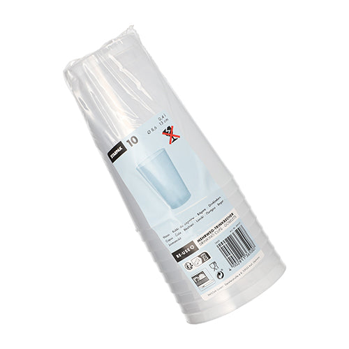 The Starpak 10 reusable drinking cup PP translucent unbreakable by Starpak is delivered in plastic packaging with product labels, recycling symbols, and a barcode on the outside.