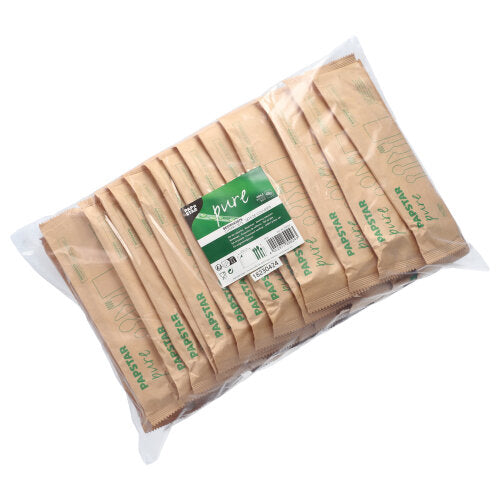In a transparent paper bag from PAPSTAR GmbH, there are 50 "pure" wooden cutlery sets with a napkin. The label promotes the eco-friendly, biodegradable disposable items as part of the sustainable disposable tableware.