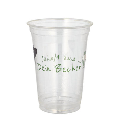 A transparent, biodegradable cup from PAPSTAR GmbH made of PLA ("Cup made of corn") with green German text is empty and stands on a plain white background. The eco-friendly PAPSTAR 50 PLA drinking cup is depicted upright.