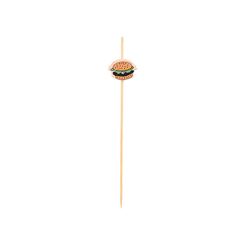 The PAPSTAR 100 Fingerfood - Pick from PAPSTAR GmbH is a bamboo skewer, adorned with a small decorative hamburger, depicted on a plain white background.
