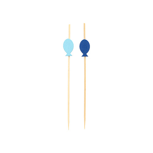 Each PAPSTAR 100 finger food - pick from PAPSTAR GmbH is equipped with a balloon-shaped topper - one light blue and one dark blue - ideal for party snacks, providing a festive style against a bright white background.