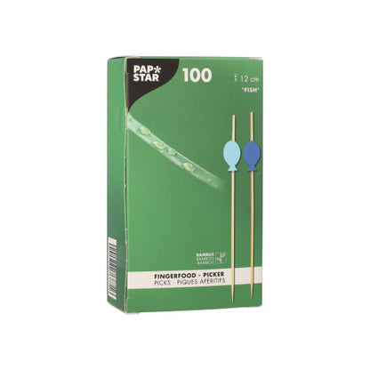 A green box from PAPSTAR GmbH contains 100 finger food picks (12 cm) with blue and green fish-shaped attachments, made from bamboo.