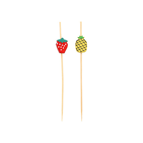 Two PAPSTAR 100 finger food picks from PAPSTAR GmbH, one with strawberry and one with pineapple decor, stand on a white base - ideal as finger food skewers for your next party.