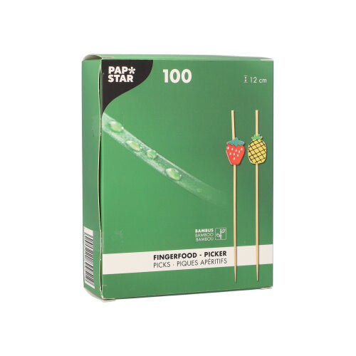 Eine grüne Schachtel mit der Aufschrift "PAPSTAR 100 Fingerfood - Picker" der PAPSTAR GmbH enthält 100 Picks mit einer Länge von je 12 cm. Auf der Schachtel befinden sich zwei Früchte und eine Produktinformation in mehreren Sprachen.