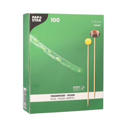 A green PAPSTAR GmbH box with 100 finger food picks, each 12.5 cm, with bamboo design and foot and footballs.