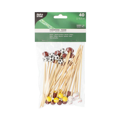 The PAPSTAR finger food picks "Sport" contain 40 bamboo picks (12.5 cm) for party snacks, each with a mini soccer, basketball, or baseball design. Comes in a clear plastic bag - ideal for parties. Brand: PAPSTAR GmbH.