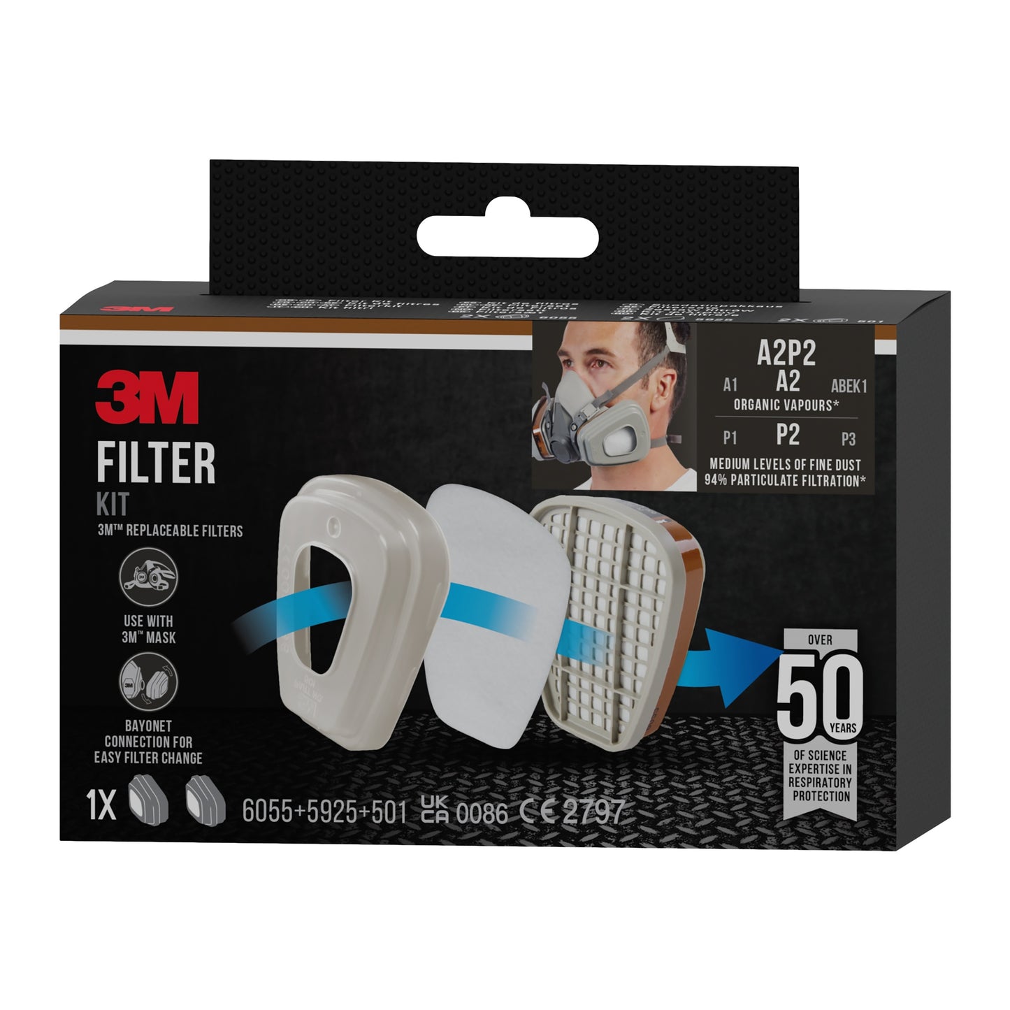 Die Verpackung des 3M™ Filtersatz 6002-1SP (A2P2, 2x6055, 2x5925, 2x501) von 3M Deutschland GmbH zeigt drei Filterteile, eine Person mit Maske und A2P2-Schutzklasse - optimal gegen organische Dämpfe für 3M Masken.