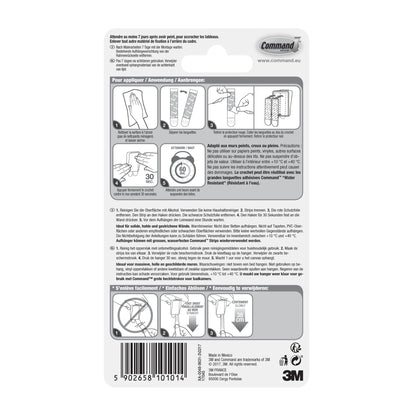 Rückseitenverpackung des Command™ Leinwandaufhängers von 3M Deutschland GmbH mit Barcode, Produktdetails, 3M-Logo und bebilderter Anleitung in Französisch, Deutsch und Niederländisch zum Anbringen und Entfernen von Klebestreifen.