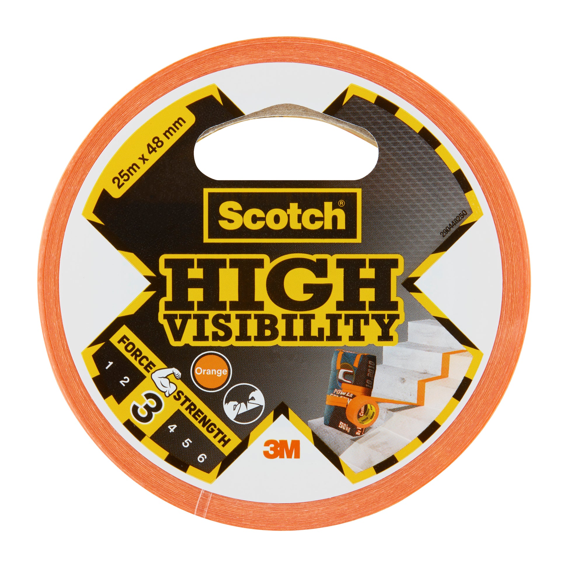 Eine Rolle Scotch® High Visibility Klebeband in Orange (25 m x 48 mm) der 3M Deutschland GmbH ist in ihrer Verpackung abgebildet, auf dem Etikett steht "Force Strength 3 of 6" und das 3M-Logo.